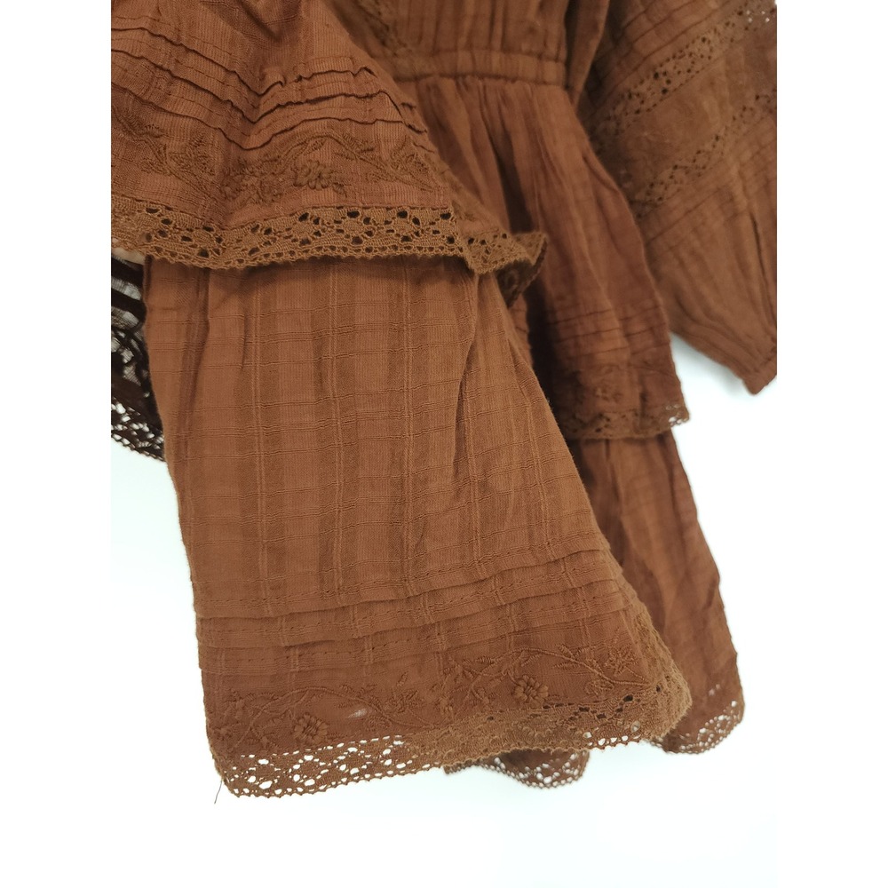 American Eagle MiniDress Women S Rust Brown LaceRuffle Tier Boho Western Peasant - Picture 3 of 9